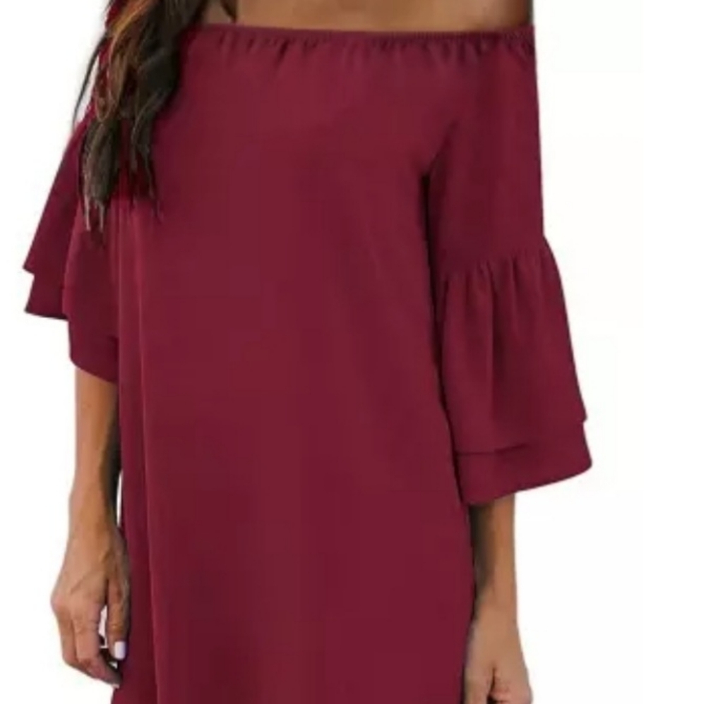 Red Off Shoulder Ruffled Sleeve Dress - Picture 3 of 3